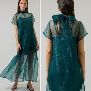 Elegant Teal Sheer Dress with Bow Detail